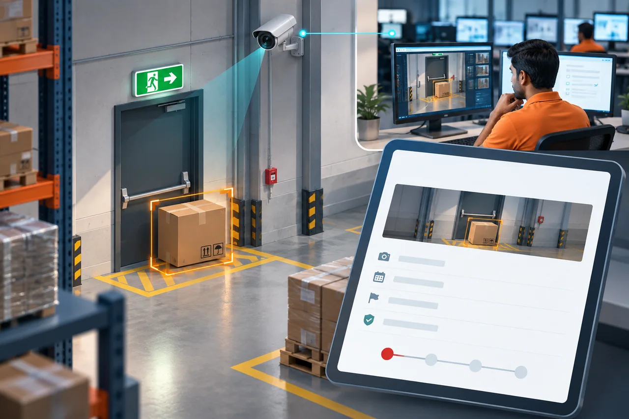 Premium 2.5D concept illustration of an existing CCTV camera observing a blocked emergency exit while a separate iSurveillanz professional verifies the observation remotely.